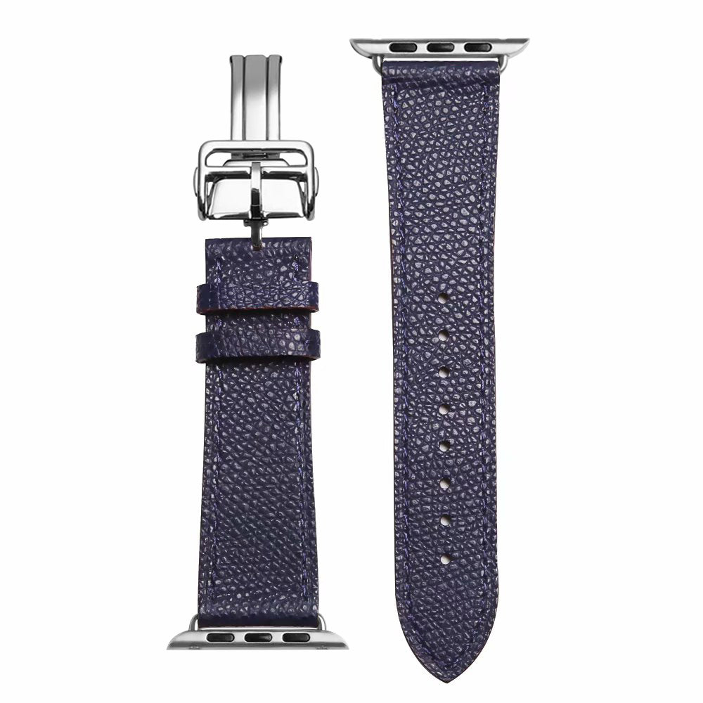 Folding Buckle Genuine Leather Smart Watch Strap [Silver Buckle] for Apple Watch Ultra 49mm / Series 8 / 7 45mm / Series 6 / SE / SE (2022) / 5 / 4 44mm / Series 1 / 2 / 3 42mm - Dark Blue