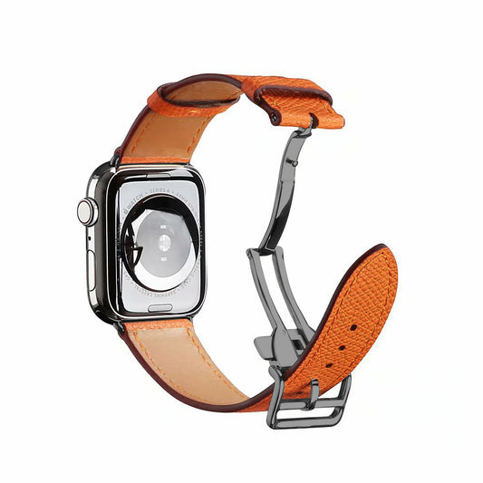 Folding Buckle Genuine Leather Watch Replace Strap [Black Buckle] for Apple Watch Series 7 / 8 41mm / SE / SE(2022) / Series 6 / 5 / 4 40mm / Series 3 / 2 / 1 38mm - Orange