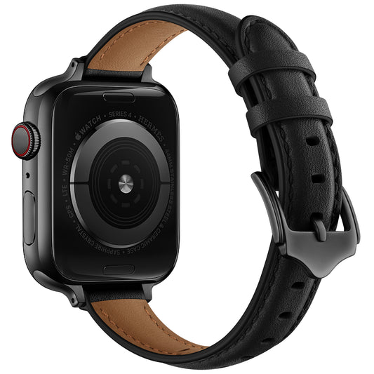 Genuine Leather Replacement Smart Watch Band Adjustable Wrist Strap for Watch Ultra 49mm / Series 8 / 7 45mm / Series 6 / 5 / 4 / SE / SE (2022) 44mm / Series 3 / 2 / 1 42mm - Black / Black Buckle