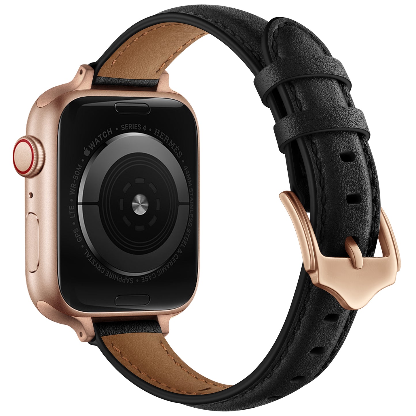 Genuine Leather Replacement Smart Watch Band Adjustable Wrist Strap for Watch Ultra 49mm / Series 8 / 7 45mm / Series 6 / 5 / 4 / SE / SE (2022) 44mm / Series 3 / 2 / 1 42mm - Black / Rose Gold Buckle
