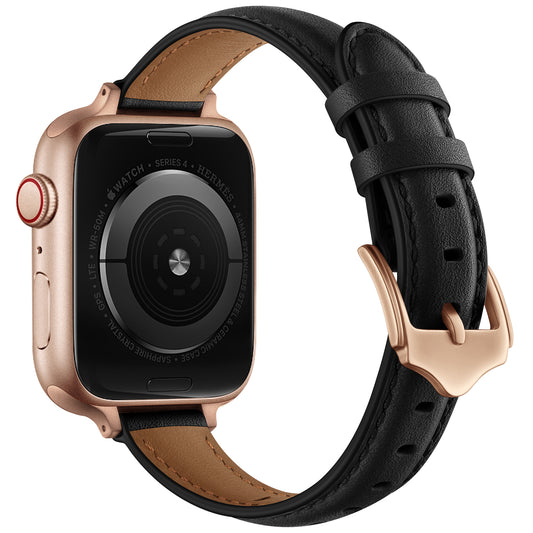 Genuine Leather Replacement Smart Watch Band Adjustable Wrist Strap for Watch Ultra 49mm / Series 8 / 7 45mm / Series 6 / 5 / 4 / SE / SE (2022) 44mm / Series 3 / 2 / 1 42mm - Black / Rose Gold Buckle