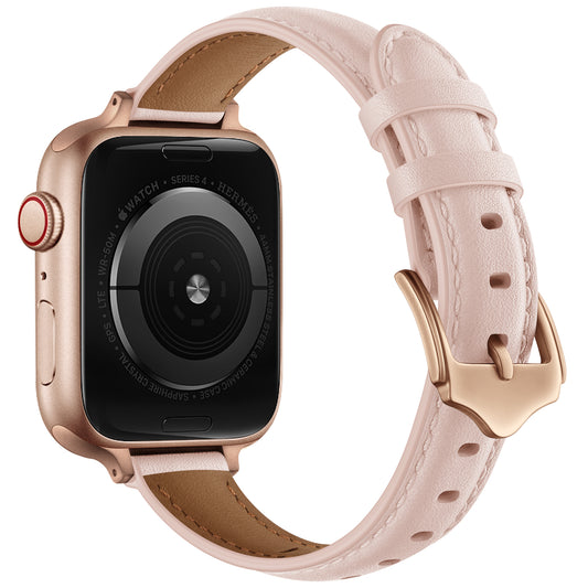 Genuine Leather Replacement Smart Watch Band Adjustable Wrist Strap for Watch Ultra 49mm / Series 8 / 7 45mm / Series 6 / 5 / 4 / SE / SE (2022) 44mm / Series 3 / 2 / 1 42mm - Pink / Rose Gold Buckle