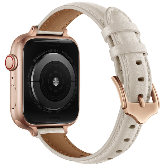Genuine Leather Replacement Smart Watch Band Adjustable Wrist Strap for Watch Ultra 49mm / Series 8 / 7 45mm / Series 6 / 5 / 4 / SE / SE (2022) 44mm / Series 3 / 2 / 1 42mm - Beige / Rose Gold Buckle