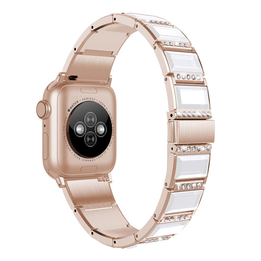 Rhinestone Synthetic Jade Decor Watch Band Stainless Steel Wrist Strap for Apple Watch Series 8 41mm / Series 7 41mm / Watch Series 6 / SE / SE(2022) / 5 / 4 40mm / Watch Series 3 / 2 / 1 38mm - Gold / White