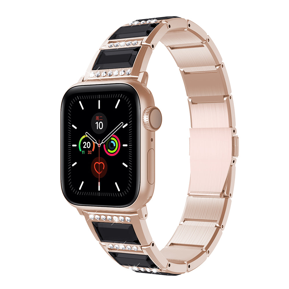 Rhinestone Synthetic Jade Decor Watch Band Stainless Steel Wrist Strap for Apple Watch Series 8 41mm / Series 7 41mm / Watch Series 6 / SE / SE(2022) / 5 / 4 40mm / Watch Series 3 / 2 / 1 38mm - Gold / Black