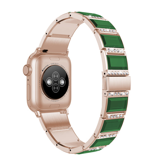 Rhinestone Synthetic Jade Decor Watch Band Stainless Steel Wrist Strap for Apple Watch Series 8 41mm / Series 7 41mm / Watch Series 6 / SE / SE(2022) / 5 / 4 40mm / Watch Series 3 / 2 / 1 38mm - Gold / Green