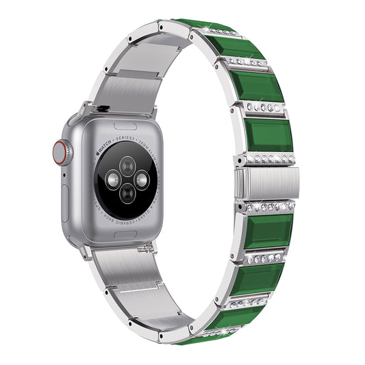 Rhinestone Synthetic Jade Decor Watch Band Stainless Steel Wrist Strap for Apple Watch Series 8 41mm / Series 7 41mm / Watch Series 6 / SE / SE(2022) / 5 / 4 40mm / Watch Series 3 / 2 / 1 38mm - Silver / Green