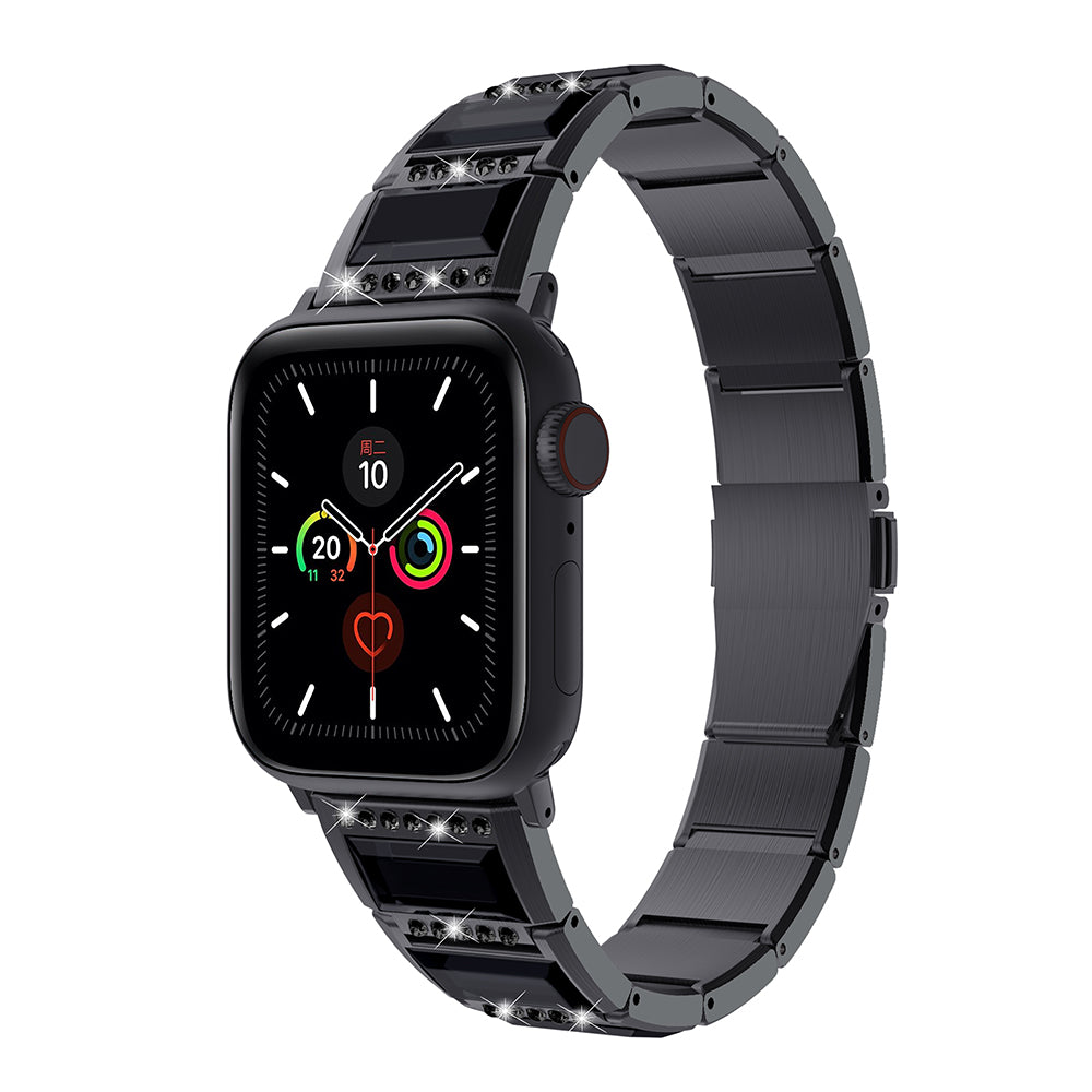 Rhinestone Synthetic Jade Decor Stainless Steel Smart Watch Strap Band Replacement for Apple Watch Ultra 49mm / Series 8 45mm / 7 45mm / Watch Series 6 / SE 44mm / SE (2022) 44mm / 5 / 4 44mm / Watch Series 3 / 2 / 1 42mm - Black / Black