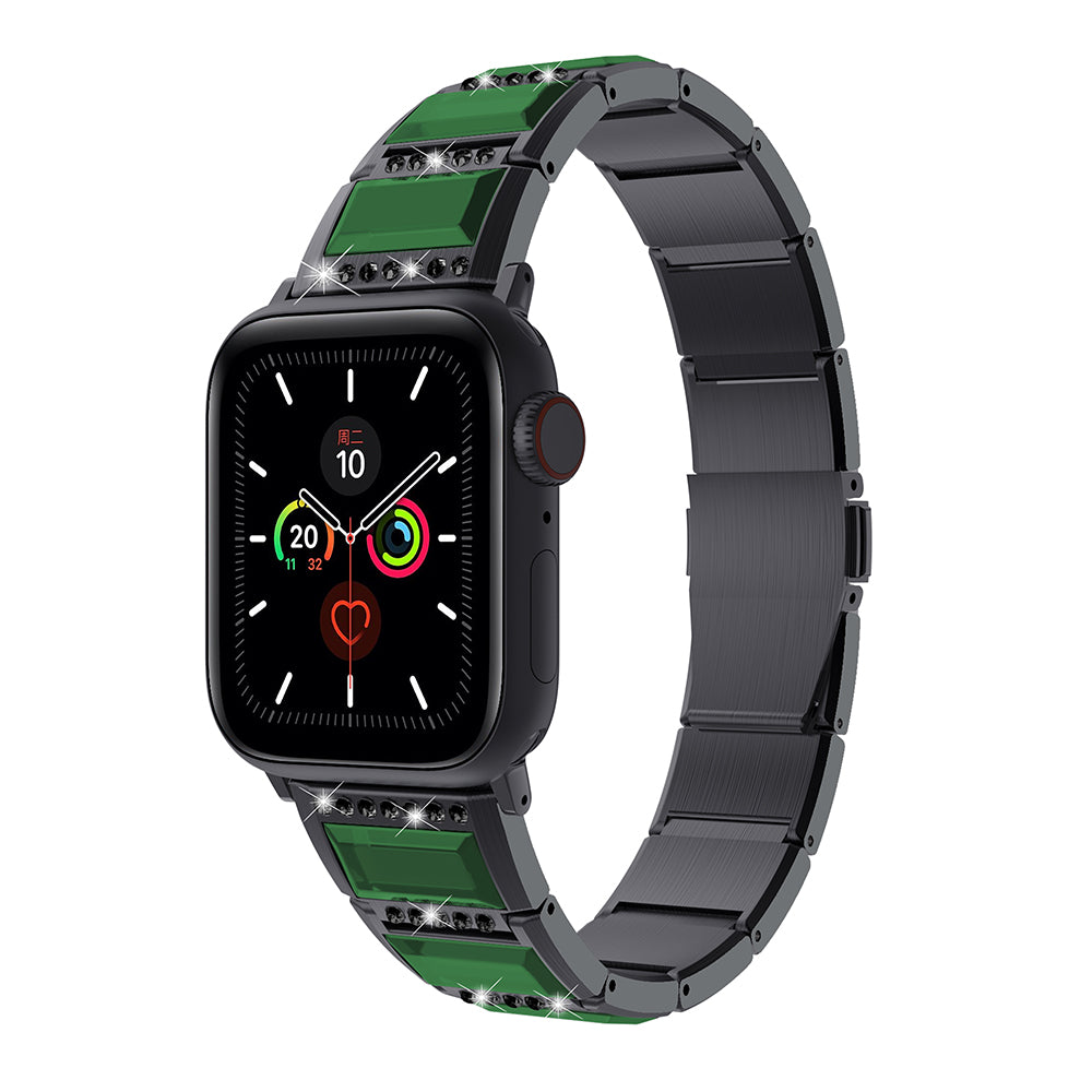 Rhinestone Synthetic Jade Decor Stainless Steel Smart Watch Strap Band Replacement for Apple Watch Ultra 49mm / Series 8 45mm / 7 45mm / Watch Series 6 / SE 44mm / SE (2022) 44mm / 5 / 4 44mm / Watch Series 3 / 2 / 1 42mm - Black / Green