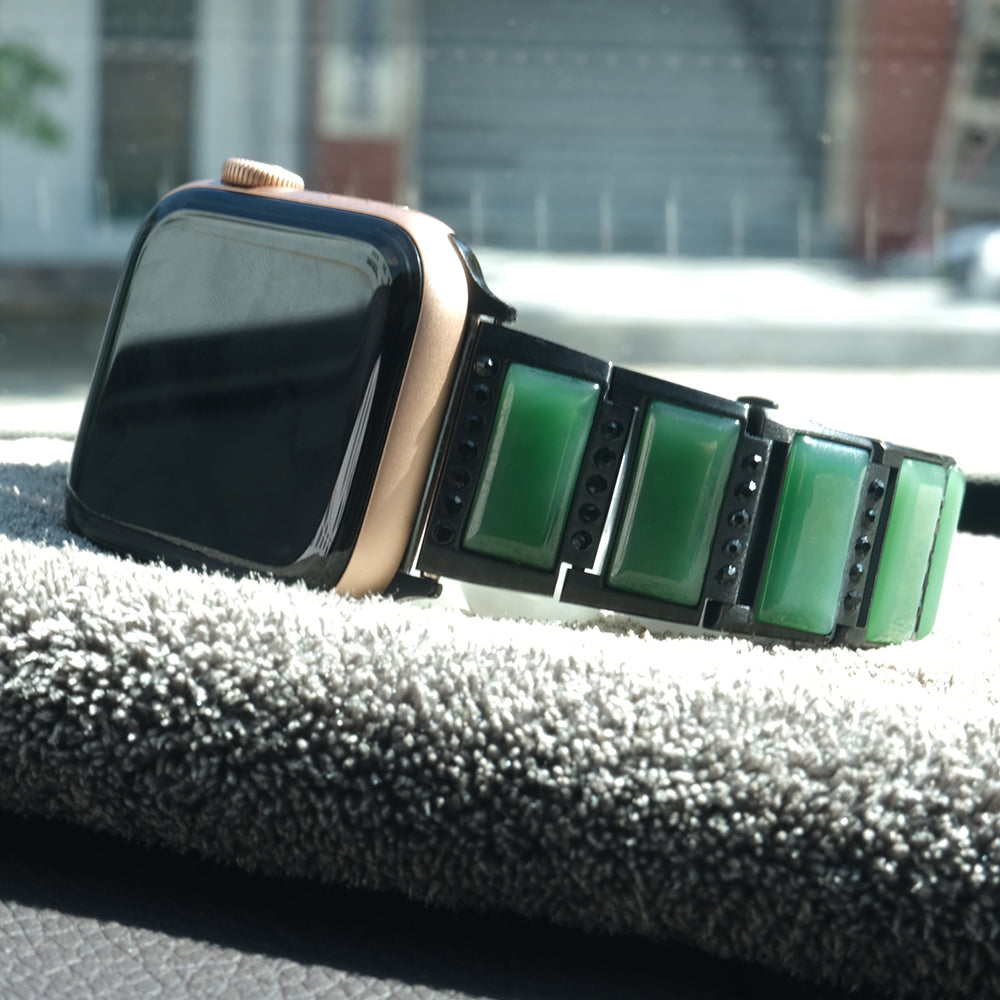 Rhinestone Synthetic Jade Decor Stainless Steel Smart Watch Strap Band Replacement for Apple Watch Ultra 49mm / Series 8 45mm / 7 45mm / Watch Series 6 / SE 44mm / SE (2022) 44mm / 5 / 4 44mm / Watch Series 3 / 2 / 1 42mm - Black / Green