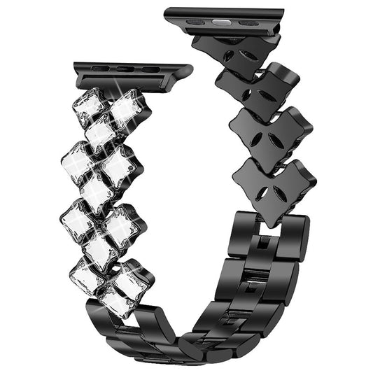Glittery Rhinestones Decor Stainless Steel Replacement Watch Band Wrist Strap for Apple Watch Ultra 49mm / Series 8 45mm / 7 45mm / Watch Series 1 / 2 / 3 42mm / Watch Series 4 / 5 / 6 / SE 44mm / SE (2022) 44mm - Black
