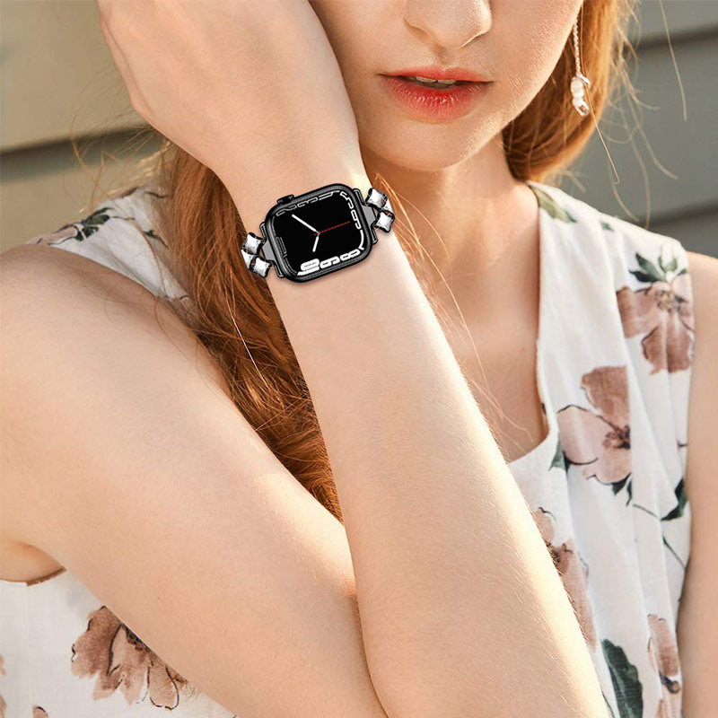 Glittery Rhinestones Decor Stainless Steel Replacement Watch Band Wrist Strap for Apple Watch Ultra 49mm / Series 8 45mm / 7 45mm / Watch Series 1 / 2 / 3 42mm / Watch Series 4 / 5 / 6 / SE 44mm / SE (2022) 44mm - Black