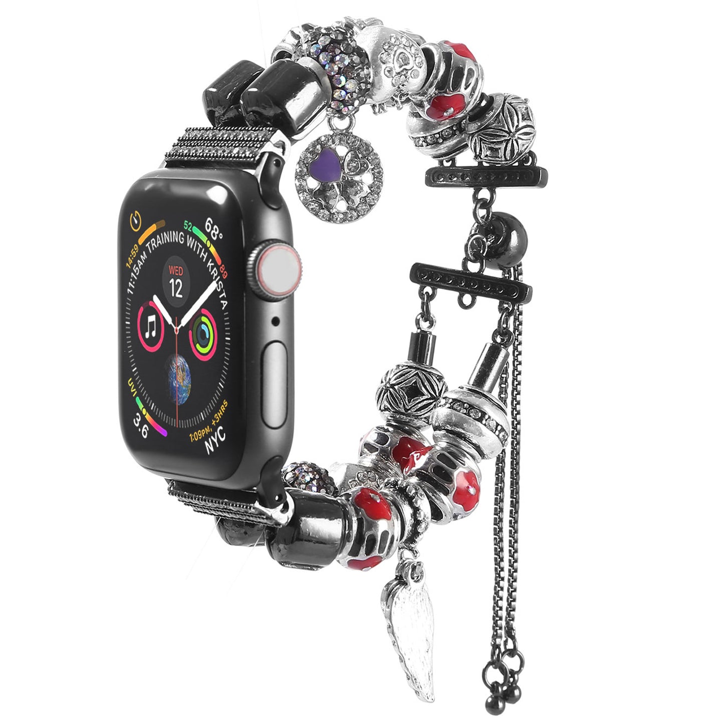 Stylish Style Metal+Wooden Beads Bracelet Smart Watch Band Replacement Watch Strap for Apple Watch Ultra 49mm / Series 8 45mm / 7 45mm / 6 / 5 / 4 / SE 44mm / SE (2022) 44mm / 3 / 2 / 1 42mm - Black / Red