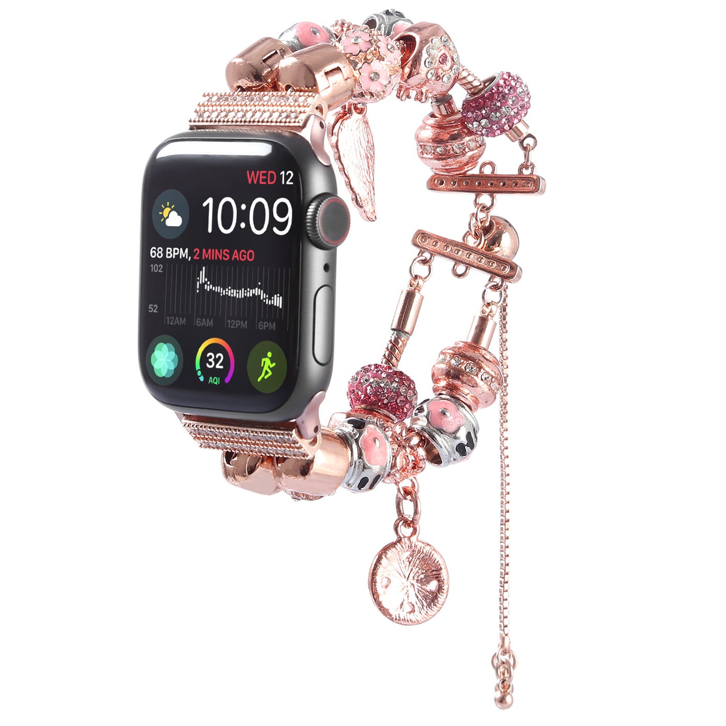 Stylish Style Metal+Wooden Beads Bracelet Smart Watch Band Replacement Watch Strap for Apple Watch Ultra 49mm / Series 8 45mm / 7 45mm / 6 / 5 / 4 / SE 44mm / SE (2022) 44mm / 3 / 2 / 1 42mm - Rose Gold