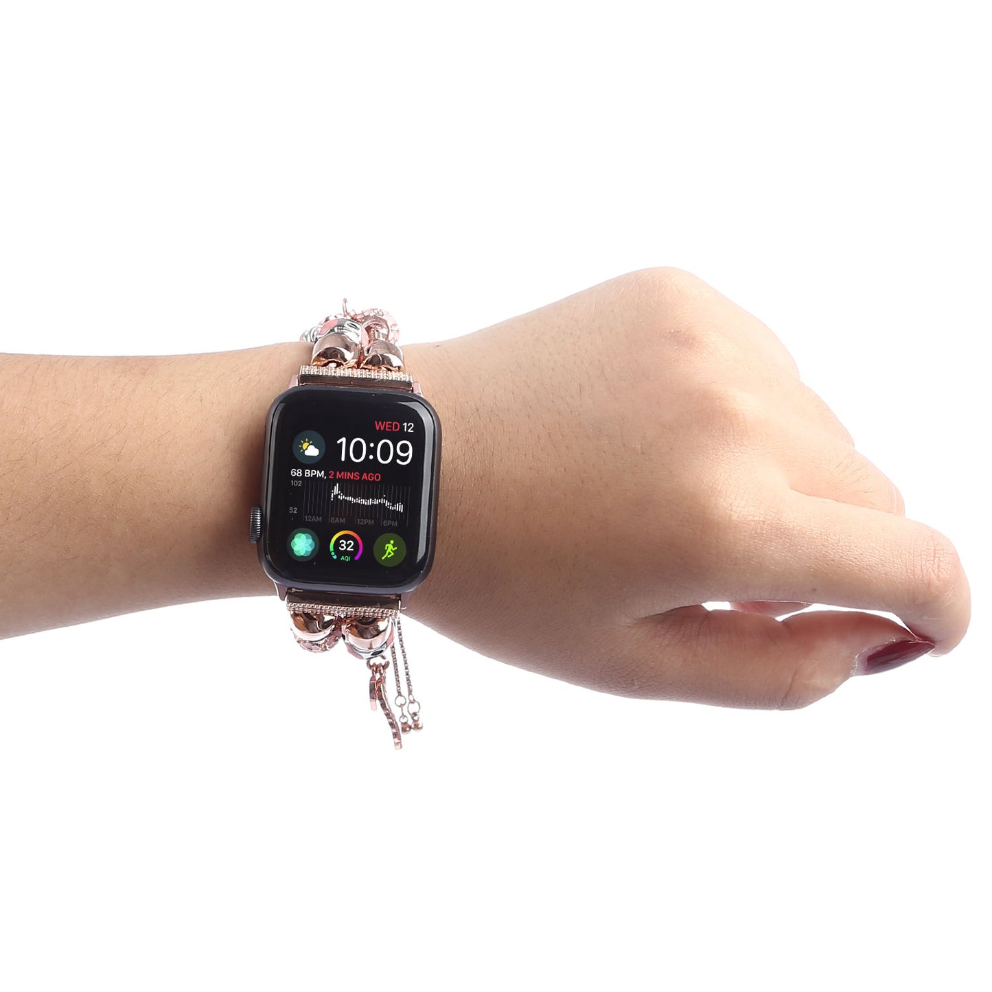 Stylish Style Metal+Wooden Beads Bracelet Smart Watch Band Replacement Watch Strap for Apple Watch Ultra 49mm / Series 8 45mm / 7 45mm / 6 / 5 / 4 / SE 44mm / SE (2022) 44mm / 3 / 2 / 1 42mm - Rose Gold