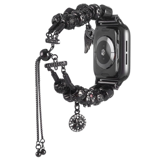 Stylish Style Metal+Wooden Beads Bracelet Smart Watch Band Replacement Watch Strap for Apple Watch Ultra 49mm / Series 8 45mm / 7 45mm / 6 / 5 / 4 / SE 44mm / SE (2022) 44mm / 3 / 2 / 1 42mm - Black