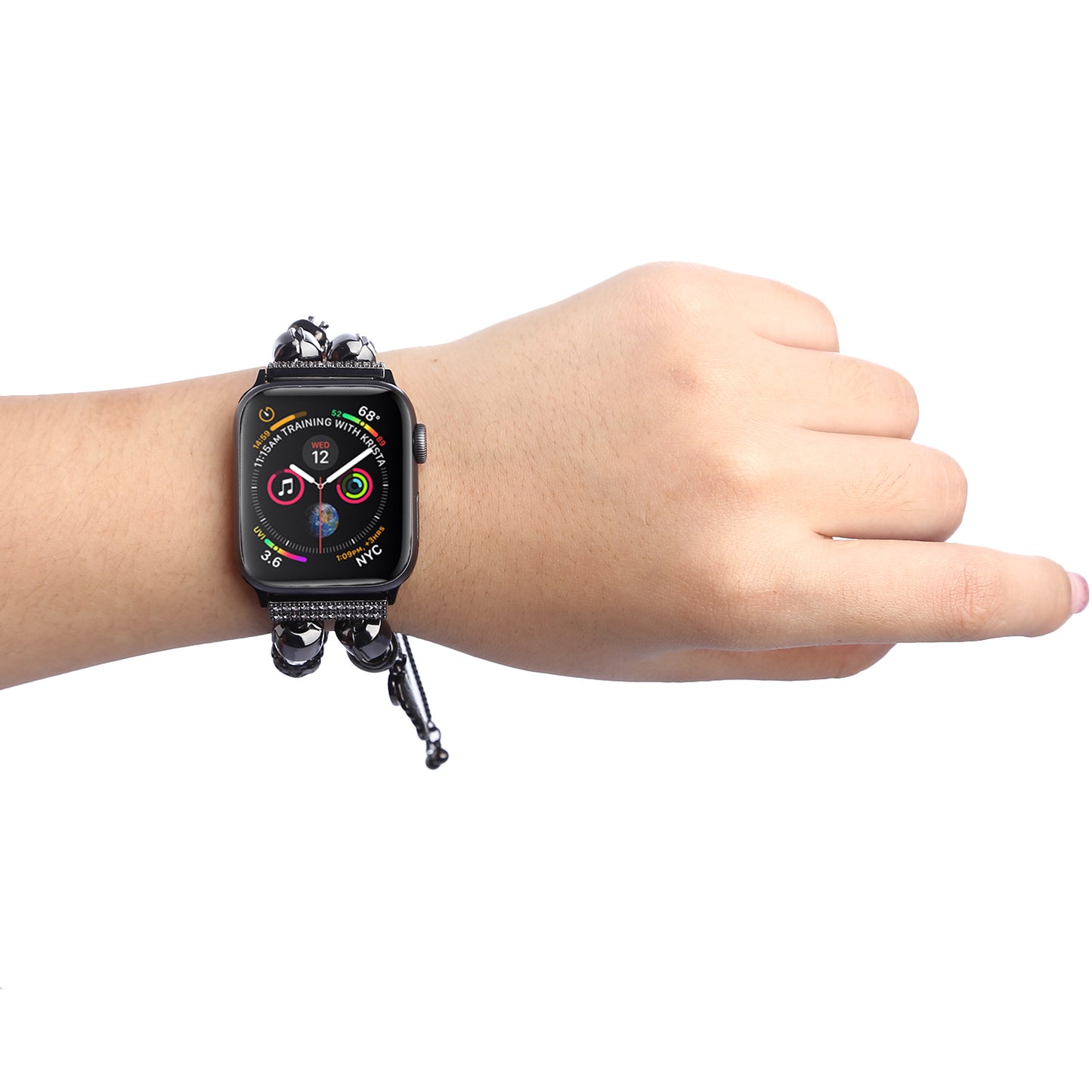 Stylish Style Metal+Wooden Beads Bracelet Smart Watch Band Replacement Watch Strap for Apple Watch Ultra 49mm / Series 8 45mm / 7 45mm / 6 / 5 / 4 / SE 44mm / SE (2022) 44mm / 3 / 2 / 1 42mm - Black