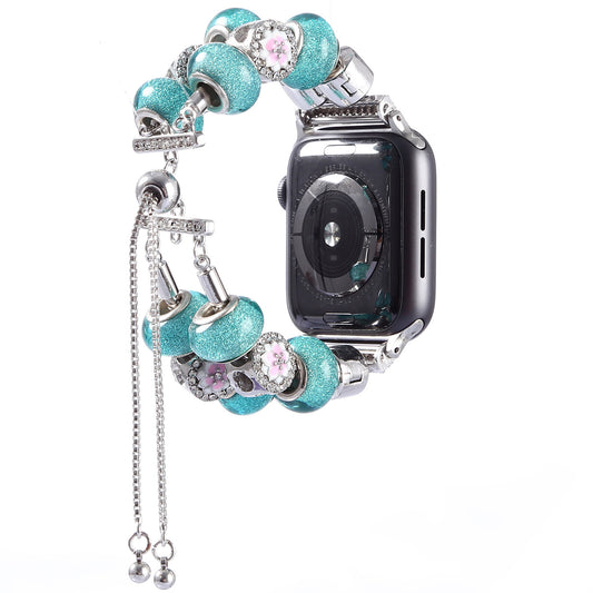 Stylish Style Metal+Wooden Beads Bracelet Smart Watch Band Replacement Watch Strap for Apple Watch Ultra 49mm / Series 8 45mm / 7 45mm / 6 / 5 / 4 / SE 44mm / SE (2022) 44mm / 3 / 2 / 1 42mm - Blue