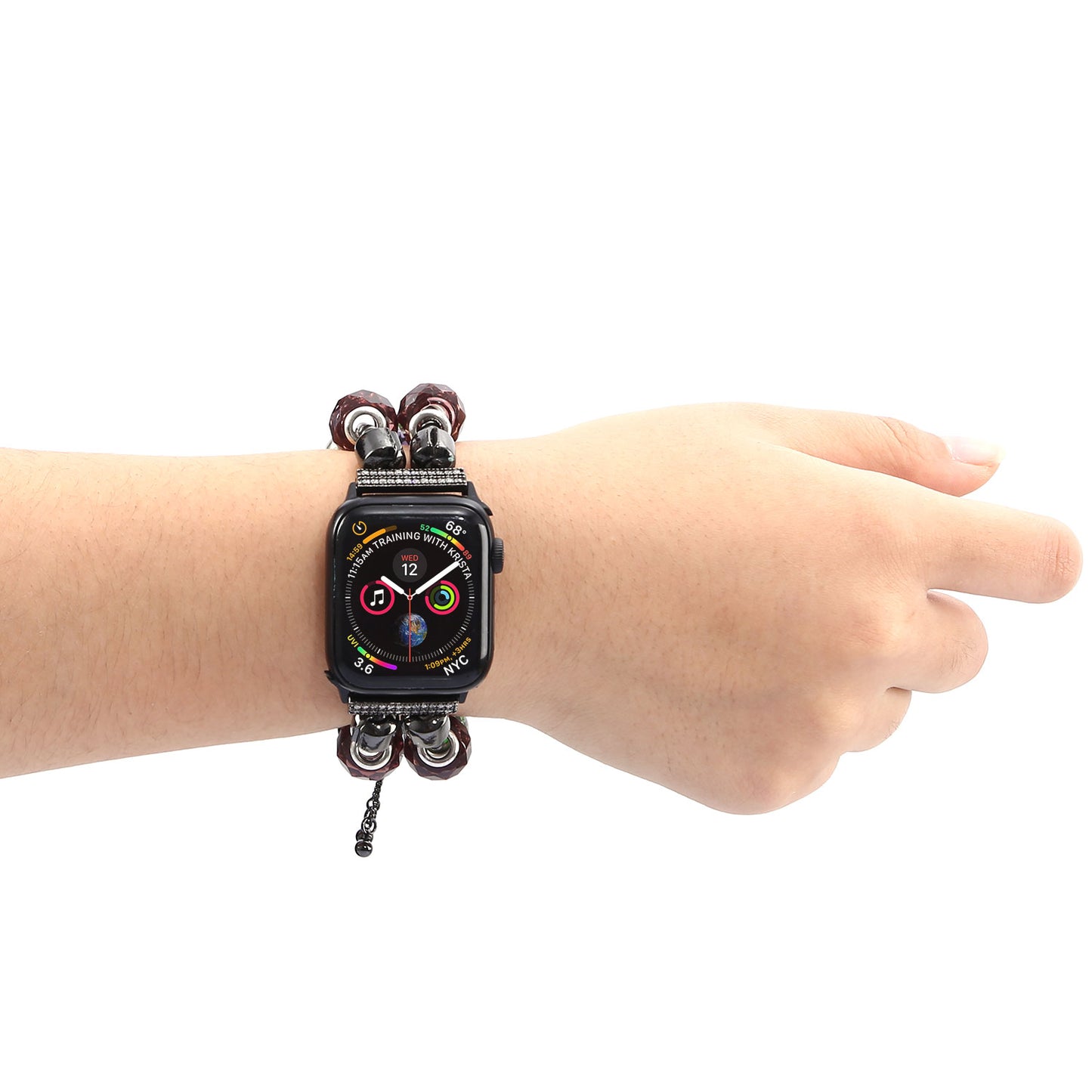 Stylish Style Metal+Wooden Beads Bracelet Smart Watch Band Replacement Watch Strap for Apple Watch Ultra 49mm / Series 8 45mm / 7 45mm / 6 / 5 / 4 / SE 44mm / SE (2022) 44mm / 3 / 2 / 1 42mm - Pink / Green Flower