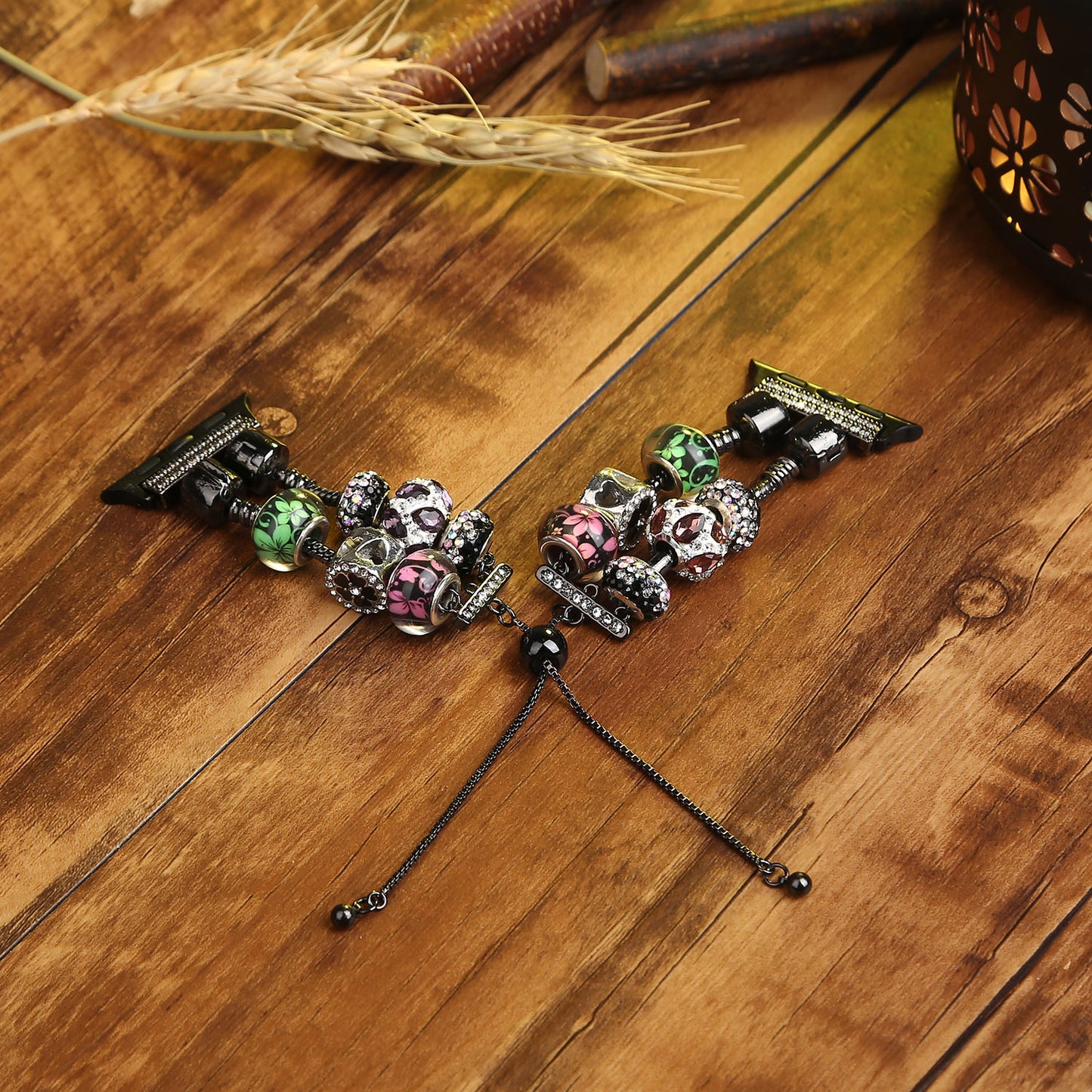 Stylish Style Metal+Wooden Beads Bracelet Smart Watch Band Replacement Watch Strap for Apple Watch Ultra 49mm / Series 8 45mm / 7 45mm / 6 / 5 / 4 / SE 44mm / SE (2022) 44mm / 3 / 2 / 1 42mm - Pink / Green Flower