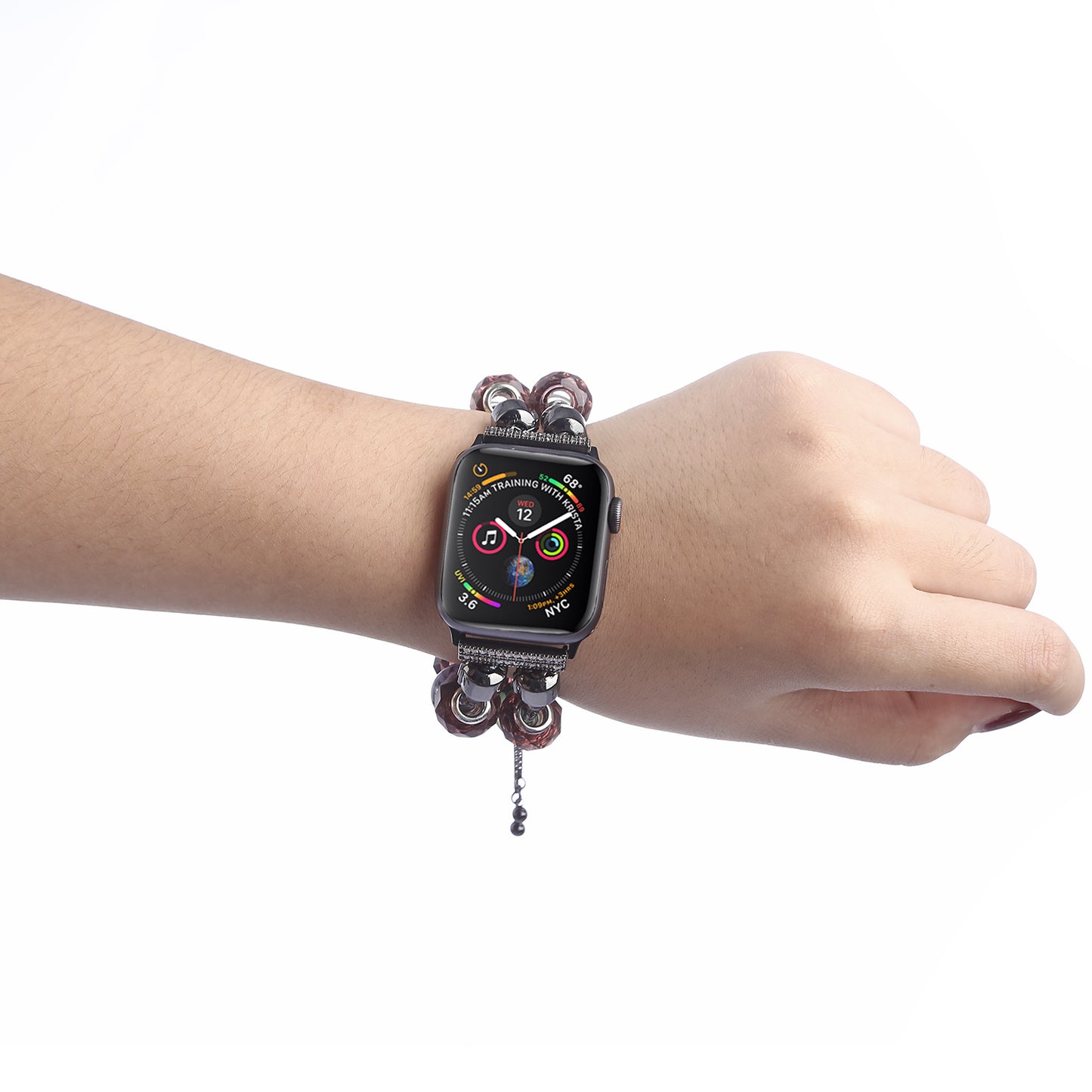 Stylish Style Metal+Wooden Beads Bracelet Smart Watch Band Replacement Watch Strap for Apple Watch Ultra 49mm / Series 8 45mm / 7 45mm / 6 / 5 / 4 / SE 44mm / SE (2022) 44mm / 3 / 2 / 1 42mm - Green / Purple Fower