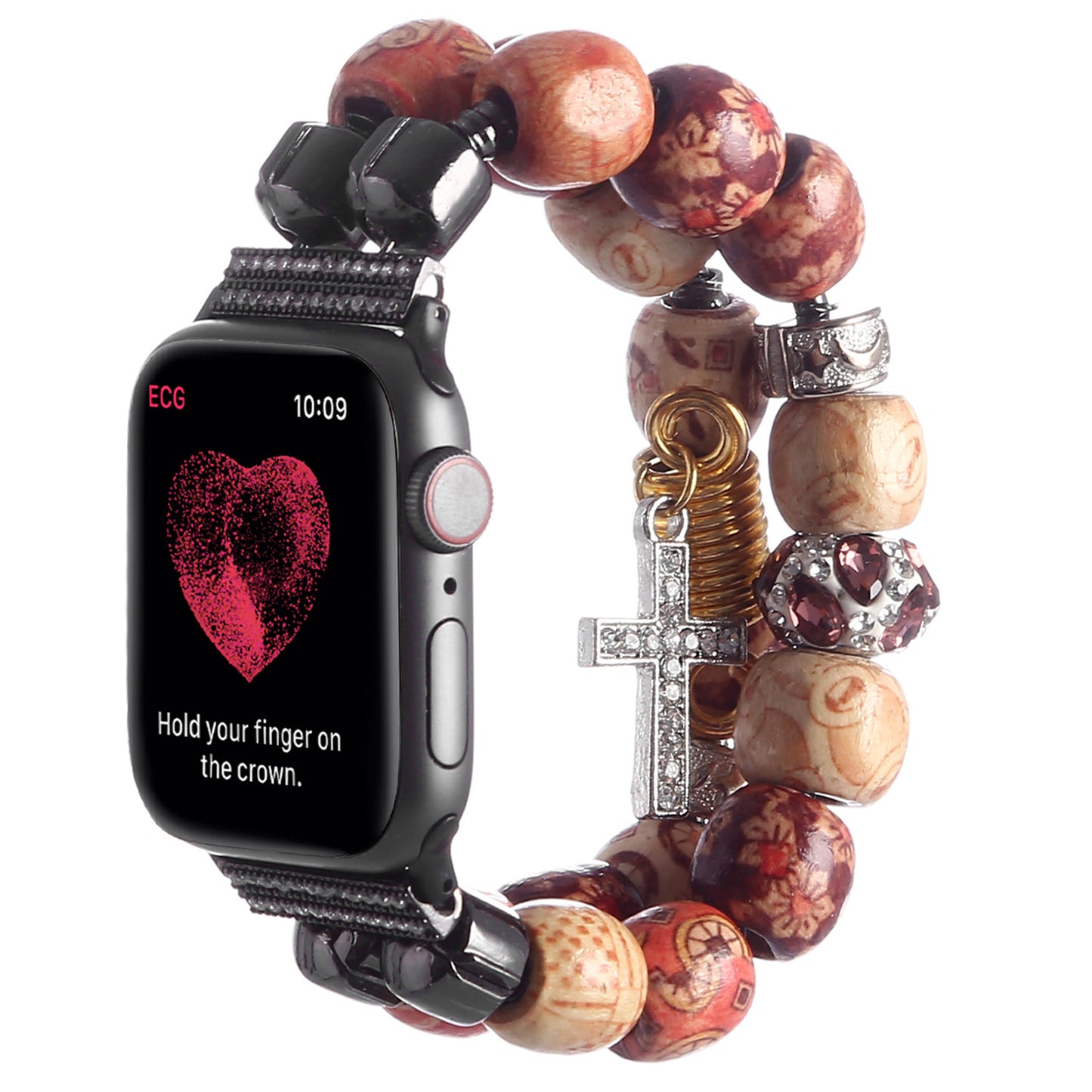 Stylish Style Metal+Wooden Beads Bracelet Smart Watch Band Replacement Watch Strap for Apple Watch Ultra 49mm / Series 8 45mm / 7 45mm / 6 / 5 / 4 / SE 44mm / SE (2022) 44mm / 3 / 2 / 1 42mm - Wood Color