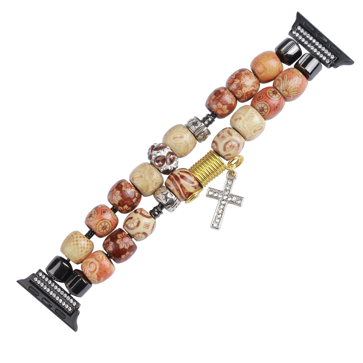 Stylish Style Metal+Wooden Beads Bracelet Smart Watch Band Replacement Watch Strap for Apple Watch Ultra 49mm / Series 8 45mm / 7 45mm / 6 / 5 / 4 / SE 44mm / SE (2022) 44mm / 3 / 2 / 1 42mm - Wood Color