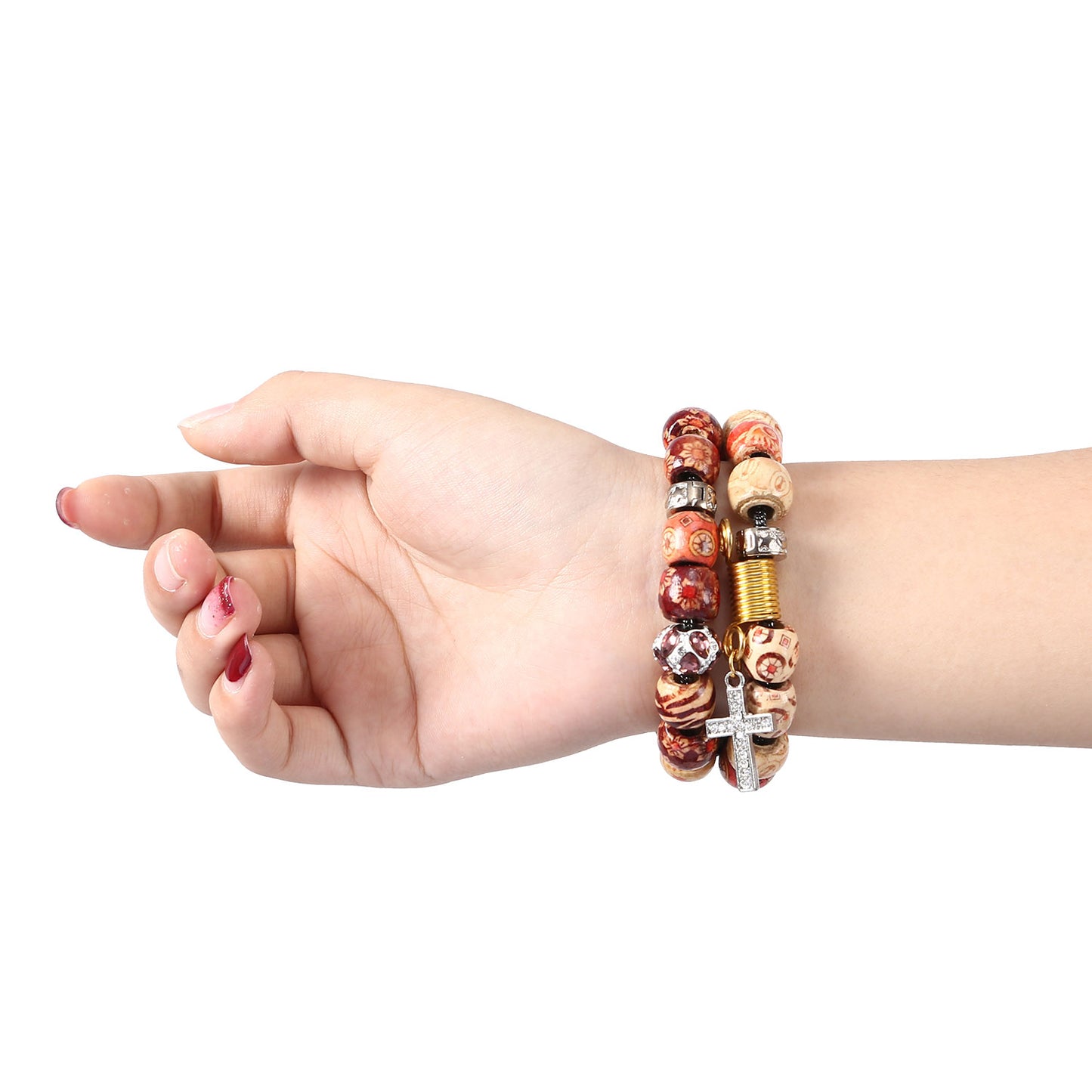 Stylish Style Metal+Wooden Beads Bracelet Smart Watch Band Replacement Watch Strap for Apple Watch Ultra 49mm / Series 8 45mm / 7 45mm / 6 / 5 / 4 / SE 44mm / SE (2022) 44mm / 3 / 2 / 1 42mm - Wood Color