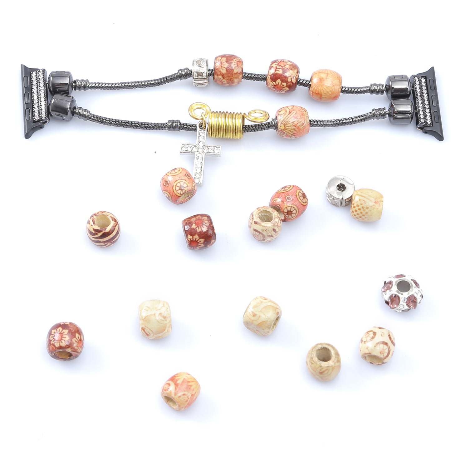 Stylish Style Metal+Wooden Beads Bracelet Smart Watch Band Replacement Watch Strap for Apple Watch Ultra 49mm / Series 8 45mm / 7 45mm / 6 / 5 / 4 / SE 44mm / SE (2022) 44mm / 3 / 2 / 1 42mm - Wood Color