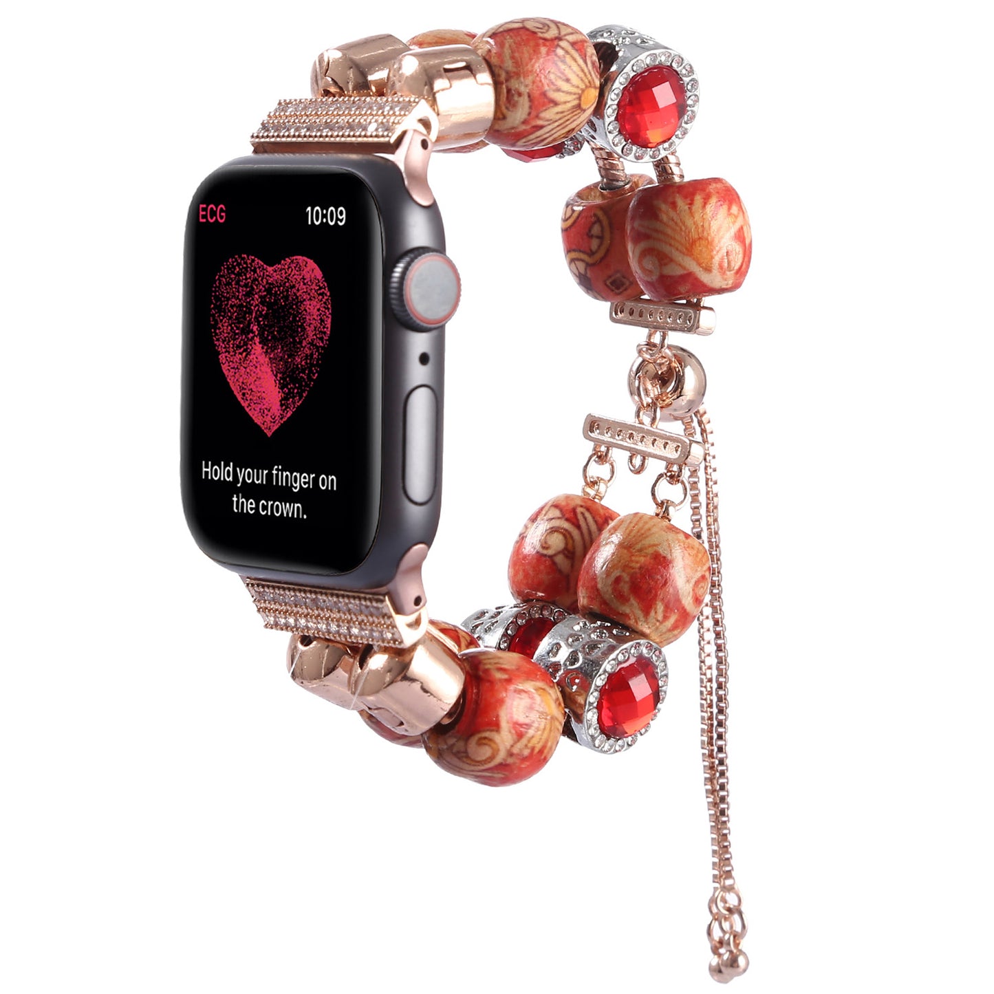 Stylish Style Metal+Wooden Beads Bracelet Smart Watch Band Replacement Watch Strap for Apple Watch Ultra 49mm / Series 8 45mm / 7 45mm / 6 / 5 / 4 / SE 44mm / SE (2022) 44mm / 3 / 2 / 1 42mm - Wood Color / Chain Dangle