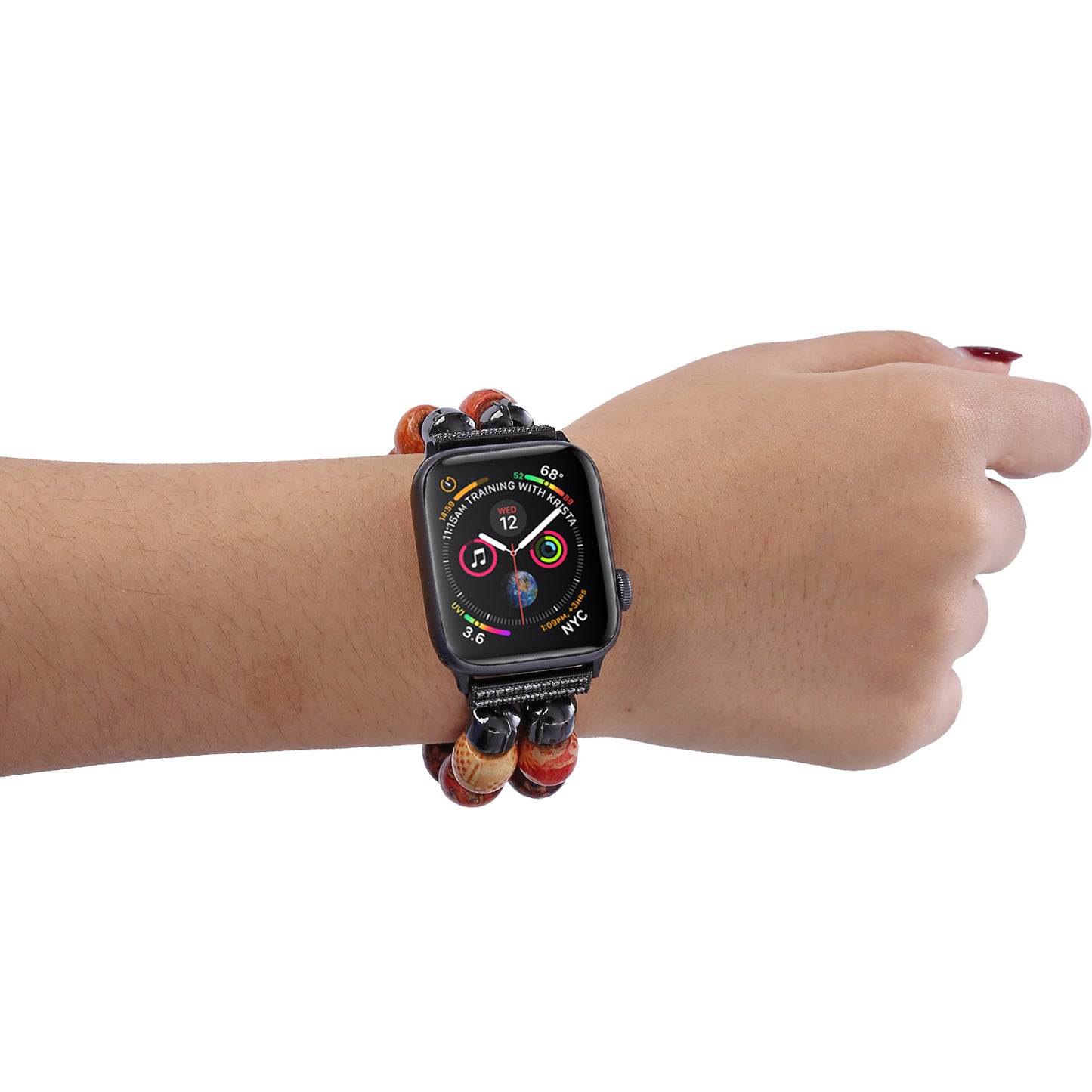 Stylish Style Metal+Wooden Beads Bracelet Smart Watch Band Replacement Watch Strap for Apple Watch Ultra 49mm / Series 8 45mm / 7 45mm / 6 / 5 / 4 / SE 44mm / SE (2022) 44mm / 3 / 2 / 1 42mm - Wood Color / Chain Dangle