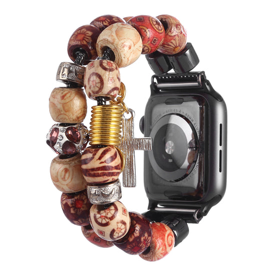 Retro Style Metal / Wooden Beads Smart Watch Band Replacement Watch Strap Bracelet for Apple Watch Series 8 41mm / Series 7 41mm / 6 / 5 / 4 / SE / SE(2022) 40mm / 3 / 2 / 1 38mm - Wood Color