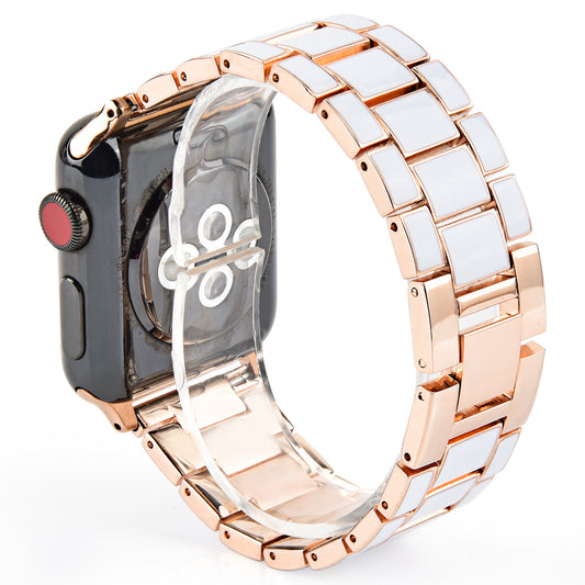 3 Beads Metal Epoxy Watch Strap Wristband Replacement for Apple Watch Ultra 49mm / Series 8 45mm / 7 45mm / Series 6 / 5 / 4 / SE 44mm / SE (2022) 44mm / Series 3 / 2 / 1 42mm - White / Gold