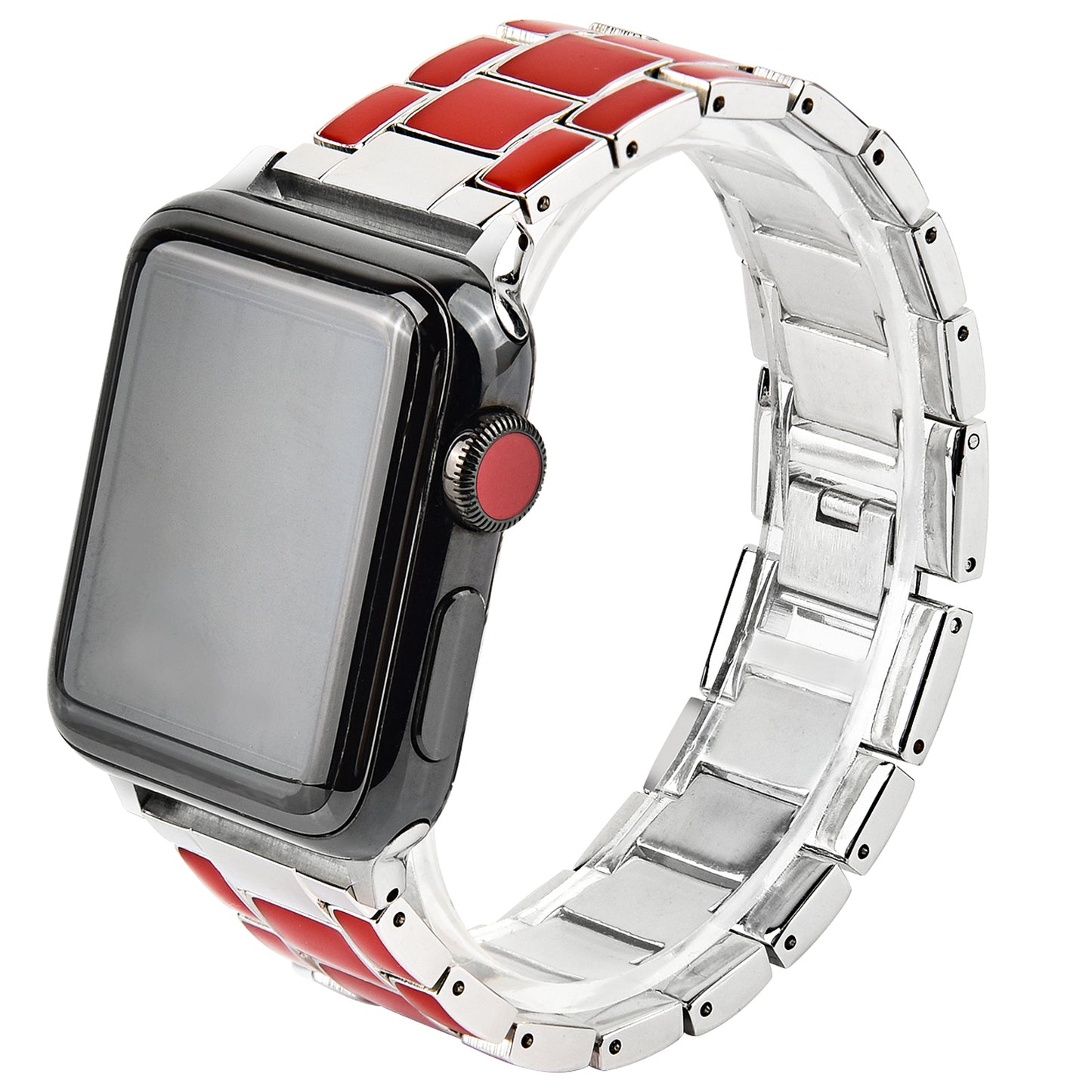 3 Beads Metal Epoxy Watch Strap Wristband Replacement for Apple Watch Ultra 49mm / Series 8 45mm / 7 45mm / Series 6 / 5 / 4 / SE 44mm / SE (2022) 44mm / Series 3 / 2 / 1 42mm - Red / Silver