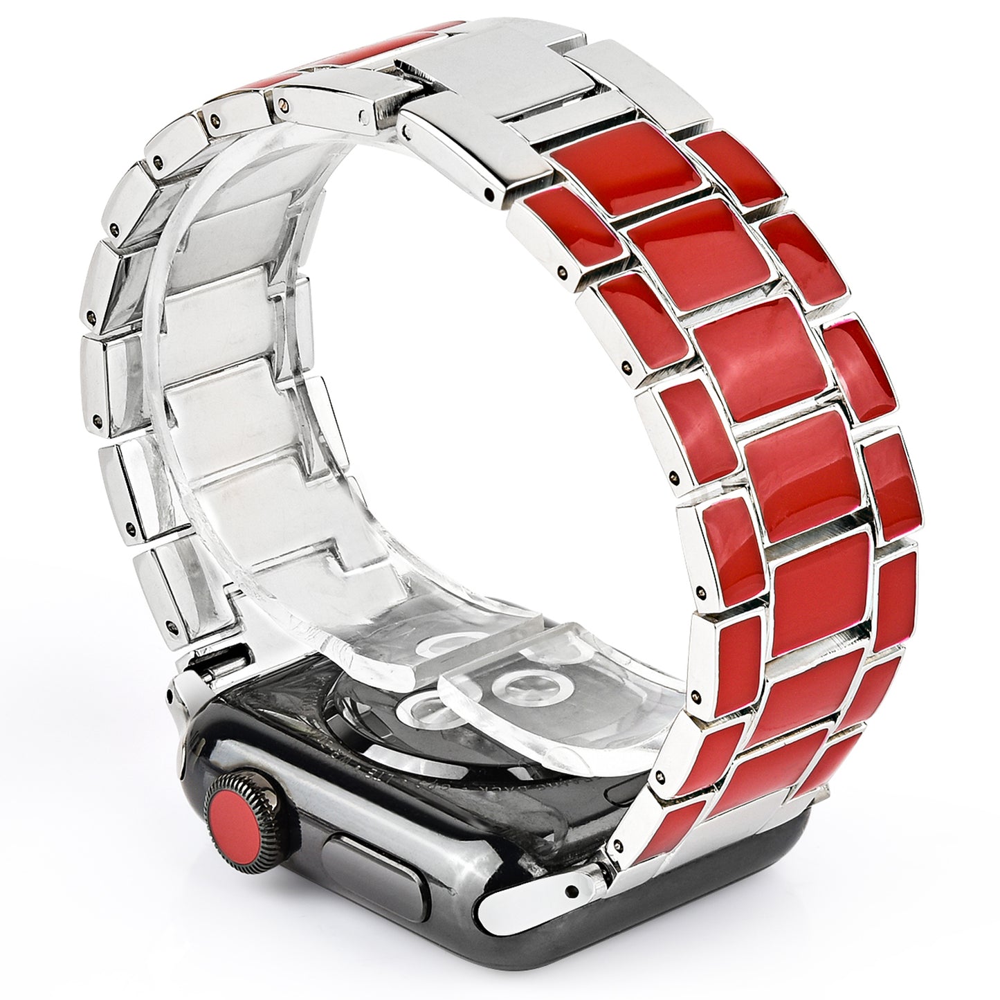 3 Beads Metal Epoxy Watch Strap Wristband Replacement for Apple Watch Ultra 49mm / Series 8 45mm / 7 45mm / Series 6 / 5 / 4 / SE 44mm / SE (2022) 44mm / Series 3 / 2 / 1 42mm - Red / Silver