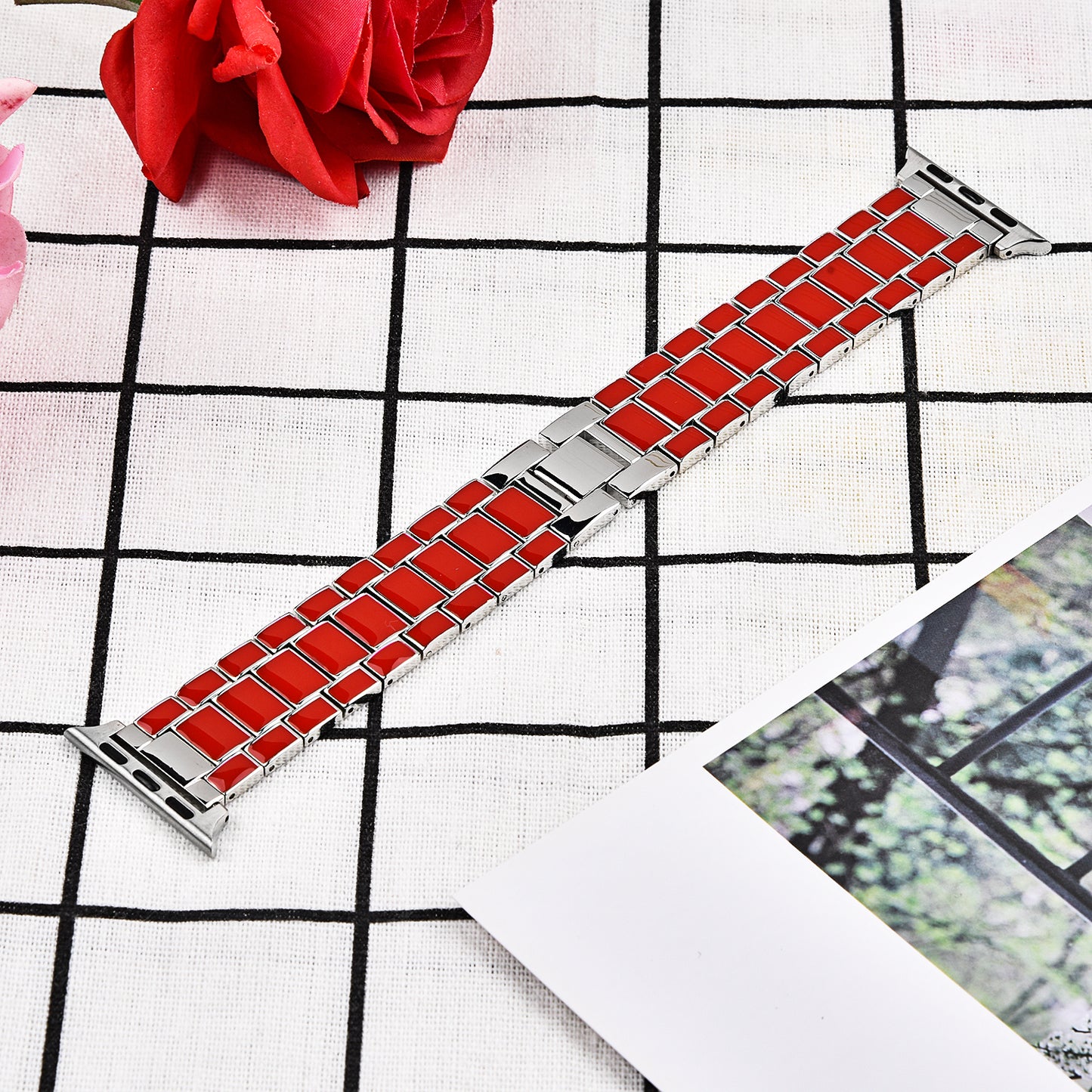 3 Beads Metal Epoxy Watch Strap Wristband Replacement for Apple Watch Ultra 49mm / Series 8 45mm / 7 45mm / Series 6 / 5 / 4 / SE 44mm / SE (2022) 44mm / Series 3 / 2 / 1 42mm - Red / Silver