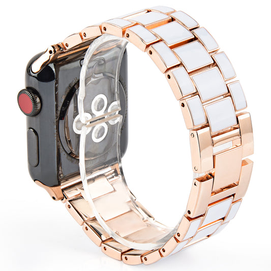 3 Beads Metal Smart Watch Band Epoxy Wrist Strap Replacement for Apple Watch Series 8 41mm / Series 7 41mm / Series 6 / 5 / 4 / SE / SE(2022) 40mm Series 3 / 2 / 1 38mm - White / Gold