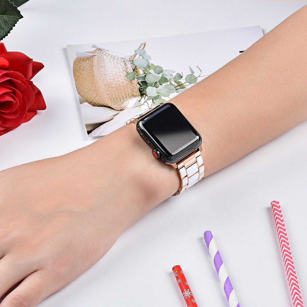 3 Beads Metal Smart Watch Band Epoxy Wrist Strap Replacement for Apple Watch Series 8 41mm / Series 7 41mm / Series 6 / 5 / 4 / SE / SE(2022) 40mm Series 3 / 2 / 1 38mm - White / Gold