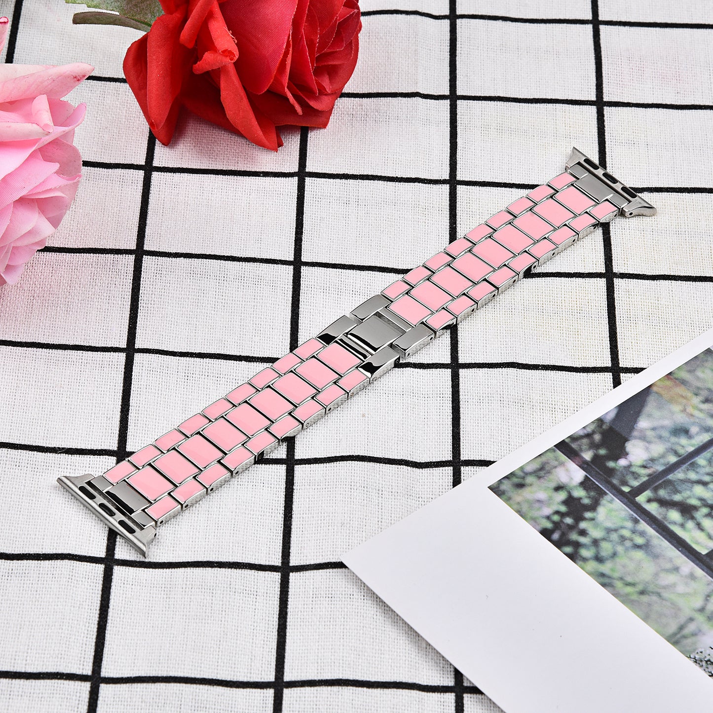 3 Beads Metal Smart Watch Band Epoxy Wrist Strap Replacement for Apple Watch Series 8 41mm / Series 7 41mm / Series 6 / 5 / 4 / SE / SE(2022) 40mm Series 3 / 2 / 1 38mm - Pink / Silver