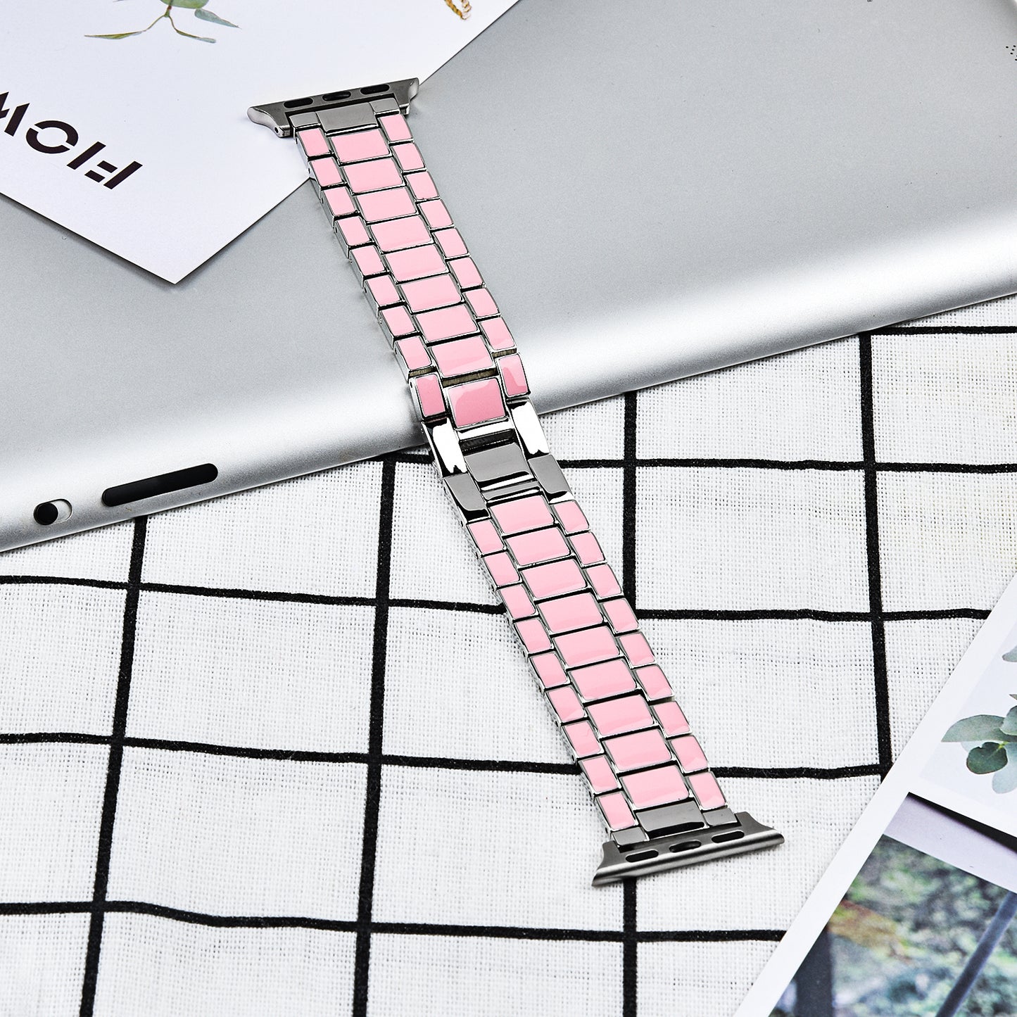 3 Beads Metal Smart Watch Band Epoxy Wrist Strap Replacement for Apple Watch Series 8 41mm / Series 7 41mm / Series 6 / 5 / 4 / SE / SE(2022) 40mm Series 3 / 2 / 1 38mm - Pink / Silver