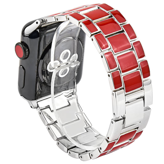3 Beads Metal Smart Watch Band Epoxy Wrist Strap Replacement for Apple Watch Series 8 41mm / Series 7 41mm / Series 6 / 5 / 4 / SE / SE(2022) 40mm Series 3 / 2 / 1 38mm - Red / Silver