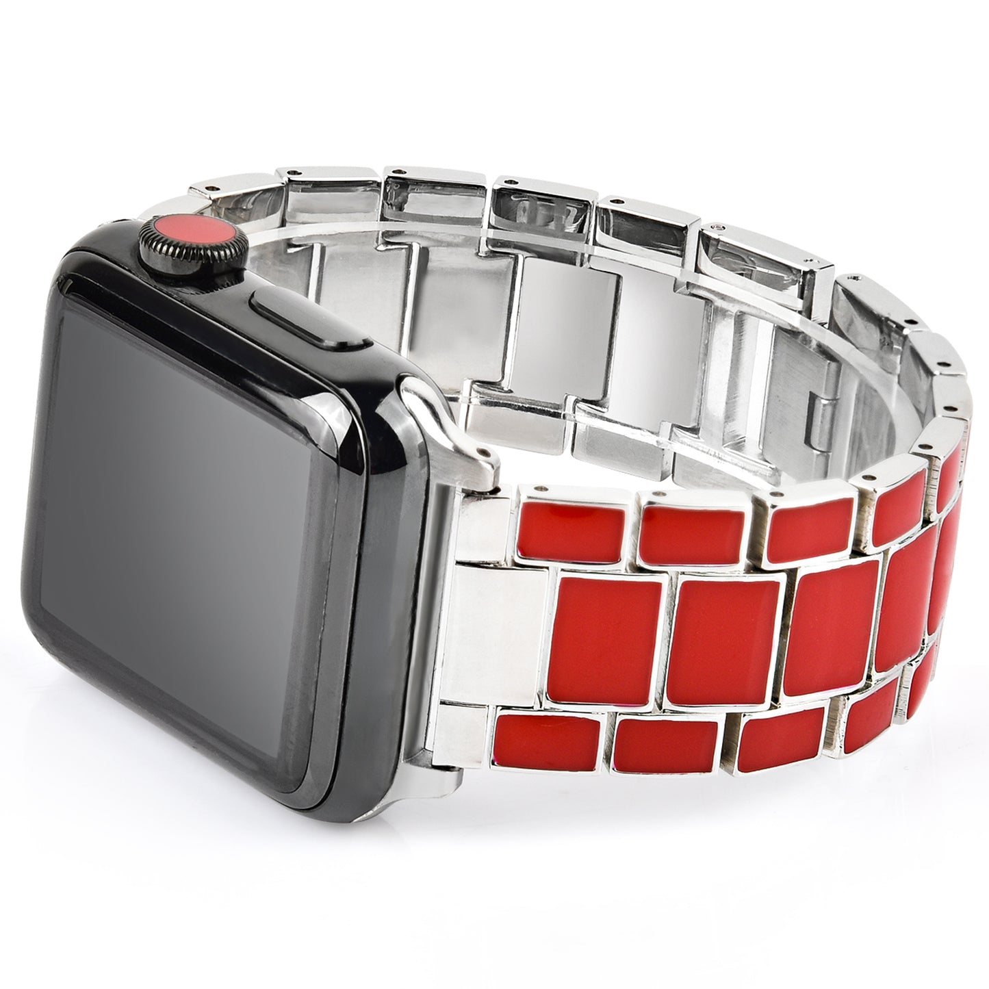 3 Beads Metal Smart Watch Band Epoxy Wrist Strap Replacement for Apple Watch Series 8 41mm / Series 7 41mm / Series 6 / 5 / 4 / SE / SE(2022) 40mm Series 3 / 2 / 1 38mm - Red / Silver