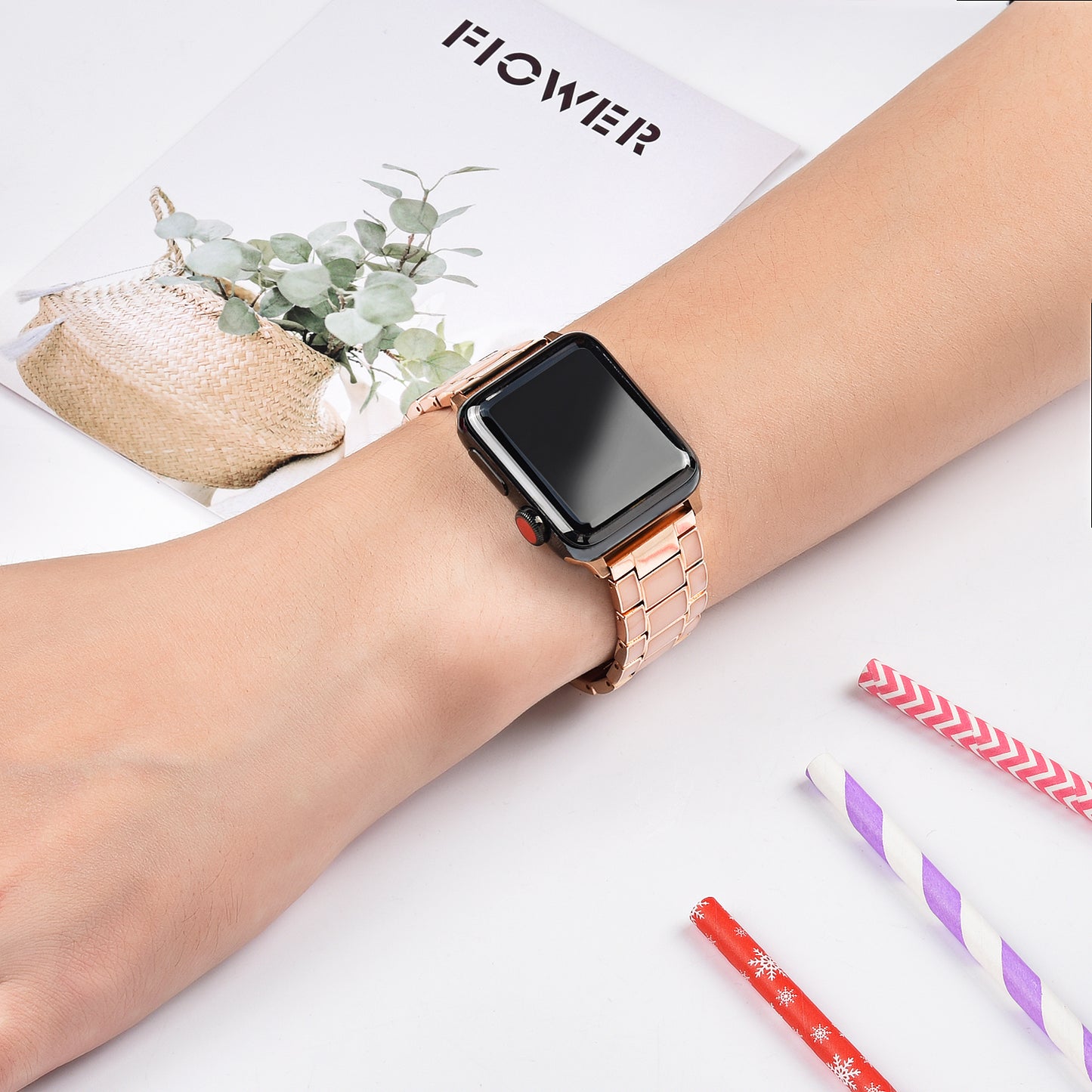 3 Beads Metal Smart Watch Band Epoxy Wrist Strap Replacement for Apple Watch Series 8 41mm / Series 7 41mm / Series 6 / 5 / 4 / SE / SE(2022) 40mm Series 3 / 2 / 1 38mm - Gold