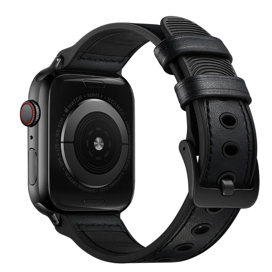 Fingerprint Silicone + Genuine Leather Watch Band for Apple Watch Series 8 41mm / Series 7 41mm / SE / SE(2022) / Series 6 / 5 / 4 40mm / Series 3 / 2 / 1 38mm - Black