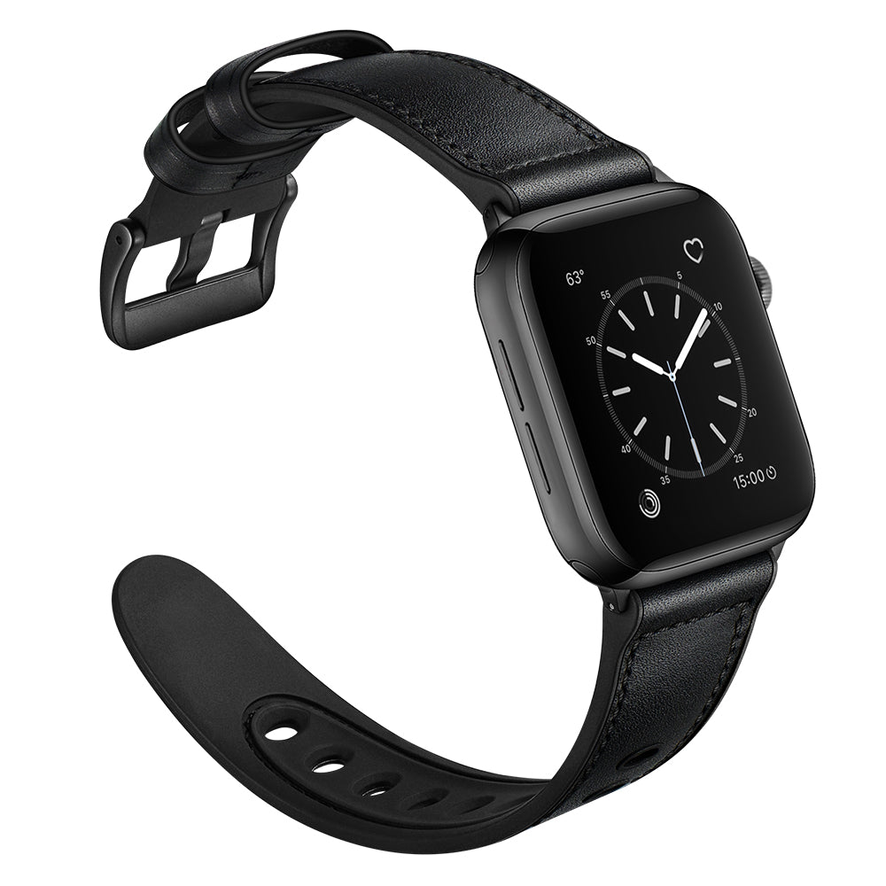 Fingerprint Silicone + Genuine Leather Watch Band for Apple Watch Series 8 41mm / Series 7 41mm / SE / SE(2022) / Series 6 / 5 / 4 40mm / Series 3 / 2 / 1 38mm - Black