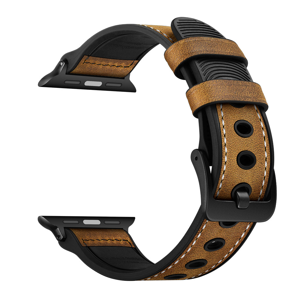 Fingerprint Silicone + Genuine Leather Watch Band for Apple Watch Series 8 41mm / Series 7 41mm / SE / SE(2022) / Series 6 / 5 / 4 40mm / Series 3 / 2 / 1 38mm - Dark Brown