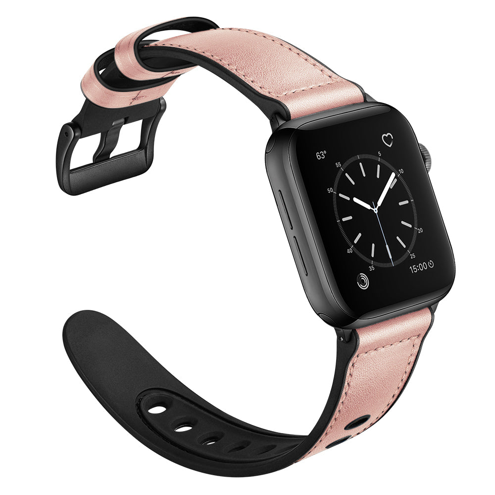 Durable Stylish Fingerprint Silicone + Genuine Leather Watch Band for Apple Watch Ultra 49mm / Series 8 45mm / 7 45mm / SE 44mm / SE (2022) 44mm / Series 6 / 5 / 4 44mm / Series 3 / 2 / 1 42mm - Pink