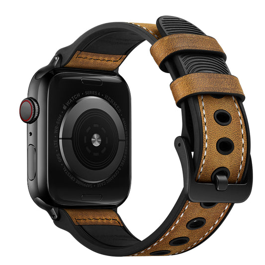 Durable Stylish Fingerprint Silicone + Genuine Leather Watch Band for Apple Watch Ultra 49mm / Series 8 45mm / 7 45mm / SE 44mm / SE (2022) 44mm / Series 6 / 5 / 4 44mm / Series 3 / 2 / 1 42mm - Dark Brown