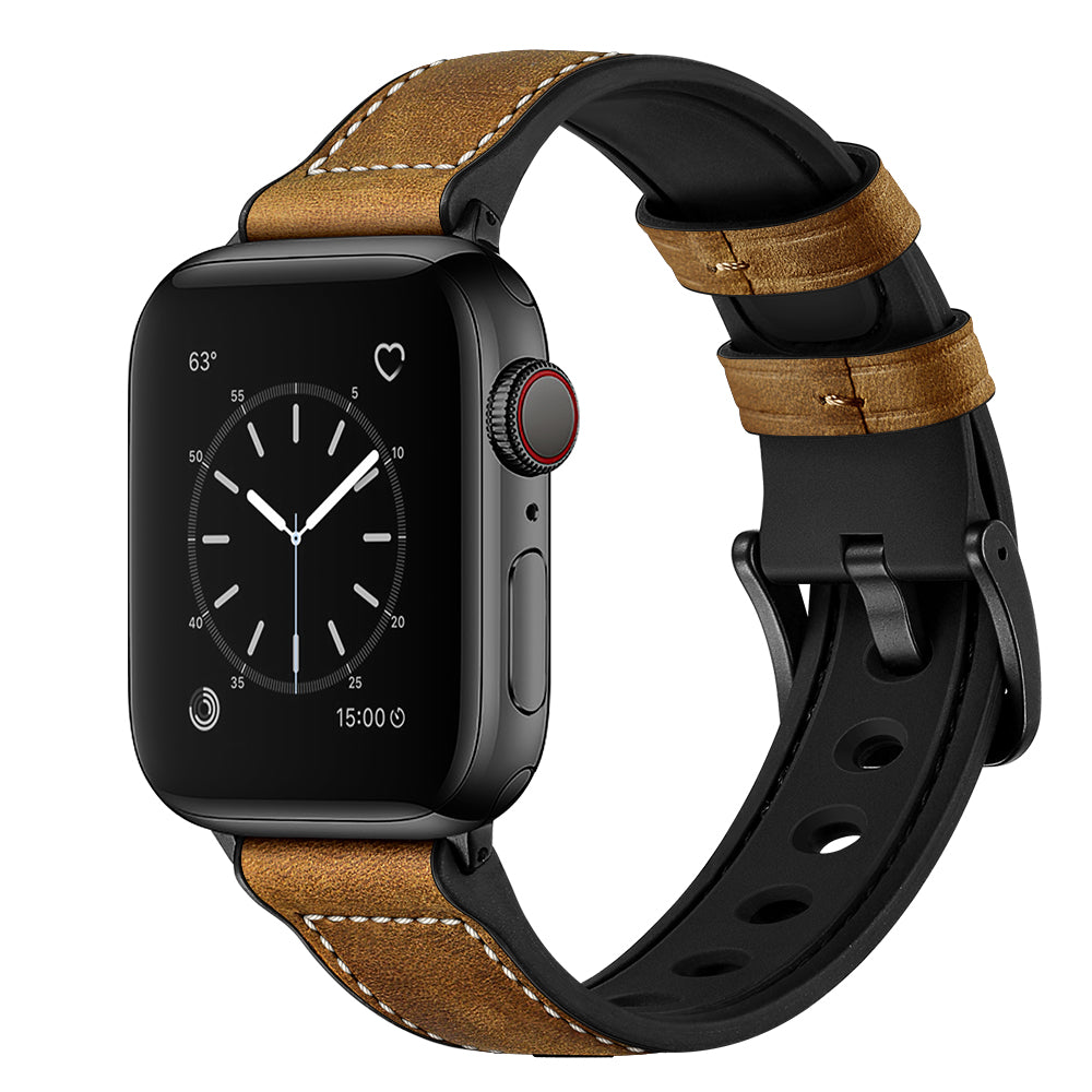 Durable Stylish Fingerprint Silicone + Genuine Leather Watch Band for Apple Watch Ultra 49mm / Series 8 45mm / 7 45mm / SE 44mm / SE (2022) 44mm / Series 6 / 5 / 4 44mm / Series 3 / 2 / 1 42mm - Dark Brown
