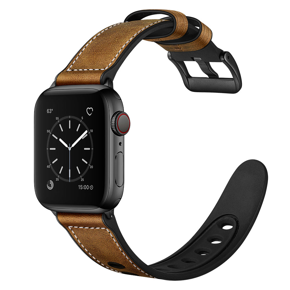 Durable Stylish Fingerprint Silicone + Genuine Leather Watch Band for Apple Watch Ultra 49mm / Series 8 45mm / 7 45mm / SE 44mm / SE (2022) 44mm / Series 6 / 5 / 4 44mm / Series 3 / 2 / 1 42mm - Dark Brown